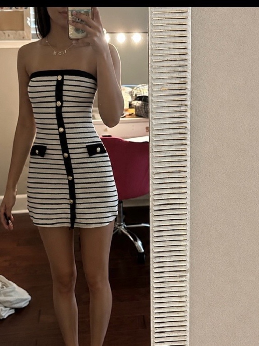 AllSaints Black and White Striped Strapless Mini Dress